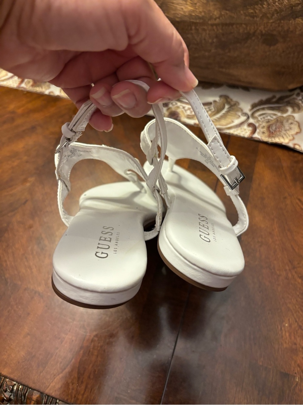 GUESS White Rhinestone Heart T-Strap Sandals - Picture 4 of 10